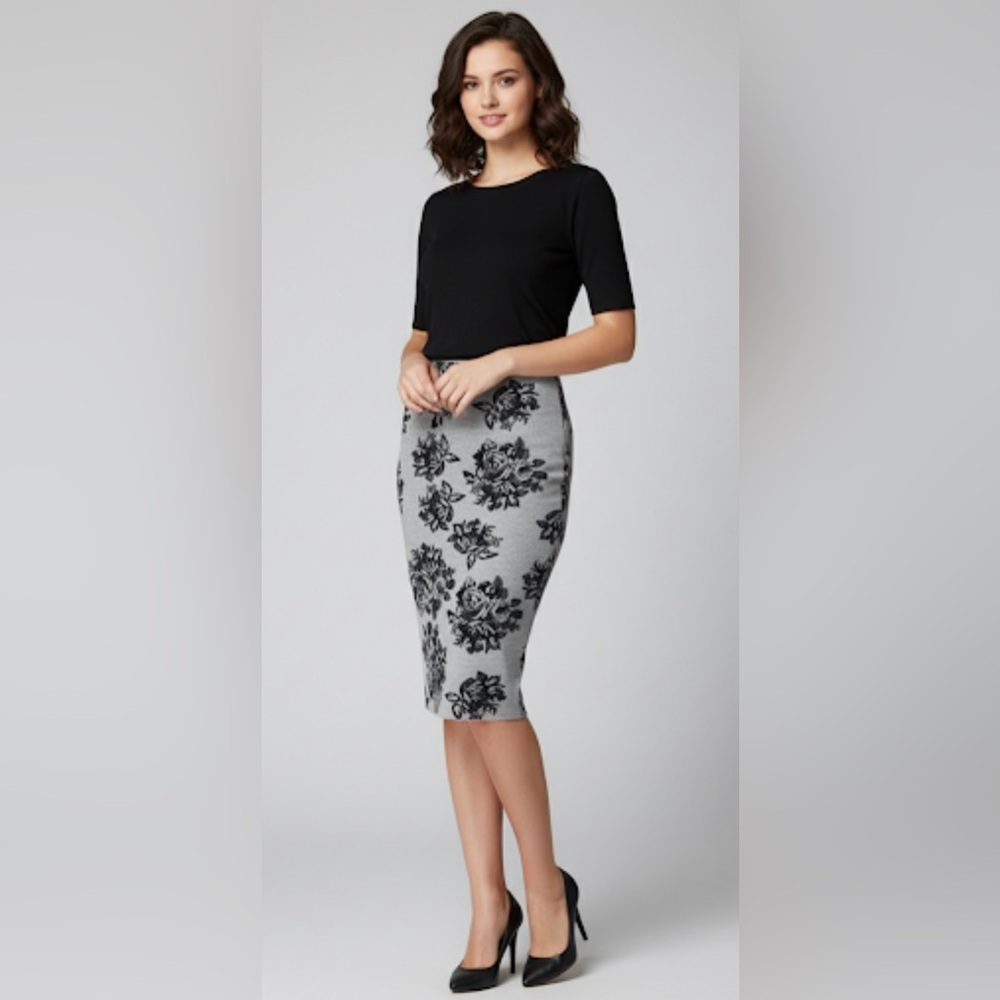 MSGM Black Floral Print High-Waist Stretch Pencil Skirt NWT